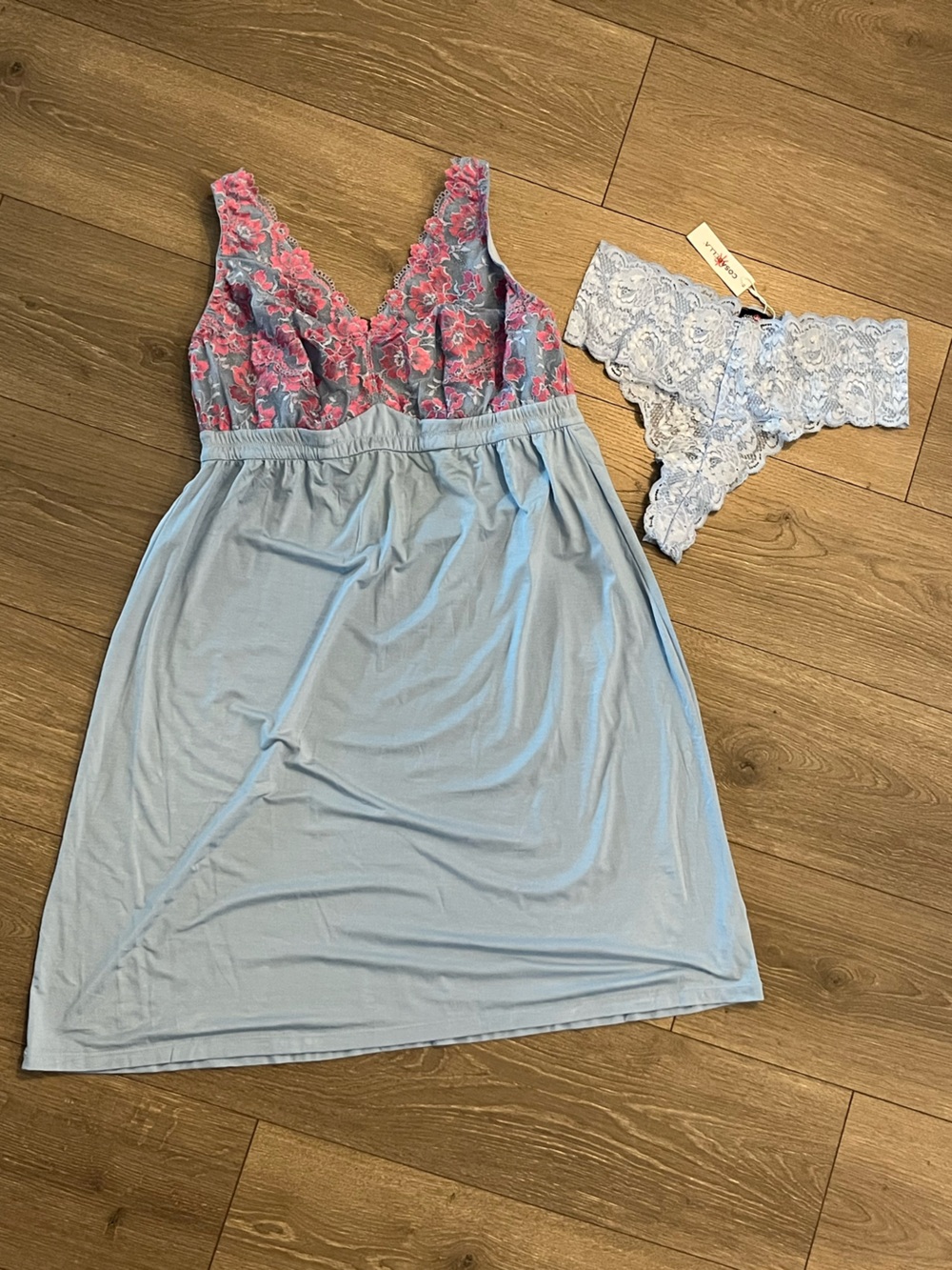 NWT Cosabella Savonna Chemise and Matching Lace Thong Panty In Blue Size 2X